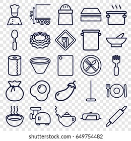 Kitchen icons set. set of 25 kitchen outline icons such as plate fork and spoon, eggplant, pan, bowl, teapot, mop, sponge, paper towel, pepper, spoon, fork, soup