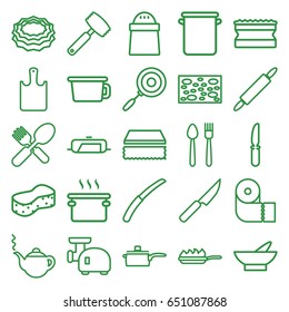 Kitchen icons set. set of 25 kitchen outline icons such as pan, bowl, teapot, sponge, paper towel, pepper, fork and spoon, knife, gardening knife, dough pin, pan-fry