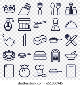 Kitchen icons set. set of 25 kitchen outline icons such as spoon and fork, bowl, teapot, cutting board, sponge, chicken leg, fork and knife, knife, fork, soap, chef, dish
