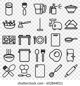 Kitchen icons set. set of 25 kitchen outline icons such as pepper, cutting board, mop, sponge, clean fridge, chicken leg, fork and spoon, fork, soup, spray bottle, napkin