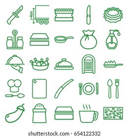 Kitchen Icons Set. Set Of 25 Kitchen Outline Icons Such As Dish, Eggplant, Sponge, Pepper, Chicken Leg, Knife, Gardening Knife, Soap, Cargo Height, Plate Fork And Spoon