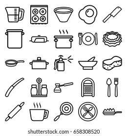 Kitchen icons set. set of 25 kitchen outline icons such as plate fork and spoon, pan, bowl, sponge, cooker, gardening knife, spray bottle, spoon and fork, pepper, dough pin