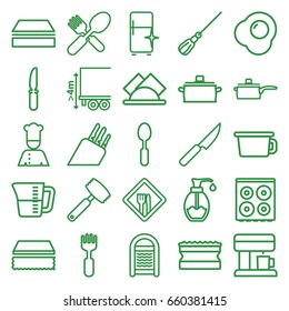 Kitchen icons set. set of 25 kitchen outline icons such as mop, sponge, cooker, clean fridge, fork and spoon, spoon, knife, fork, soap, cargo height, chef, napkin, restaurant