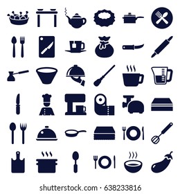 Kitchen icons set. set of 36 kitchen filled icons such as eggplant, plate fork and spoon, teapot, mop, sponge, paper towel, chicken leg, spoon, knife, soup, gardening knife