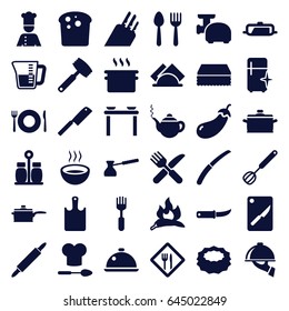 Kitchen icons set. set of 36 kitchen filled icons such as chili, eggplant, pan, spoon and fork, plate fork and spoon, teapot, sponge, clean fridge, soup, gardening knife, chef