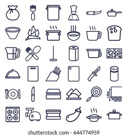 Kitchen icons set. set of 36 kitchen outline icons such as plate fork and spoon, chili, eggplant, pepper, cutting board, mop, sponge, cooker, paper towel, fork and spoon