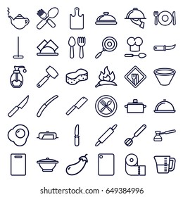 Kitchen icons set. set of 36 kitchen outline icons such as spoon and fork, plate fork and spoon, dish, chili, eggplant, pan, teapot, cutting board, mop, sponge, paper towel
