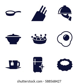 kitchen icons set. Set of 9 kitchen filled icons such as sponge, clean fridge, chicken leg, tea, dish serving, pan, knife