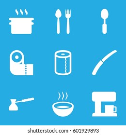 kitchen icons set. Set of 9 kitchen filled icons such as paper towel, spoon, soup, gardening knife, turk, coffee machine, pan