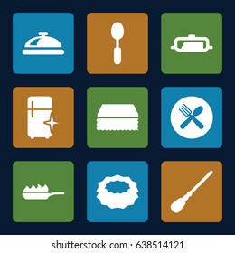 Kitchen icons set. set of 9 kitchen filled icons such as pan, dish, mop, sponge, clean fridge, spoon, spoon and fork