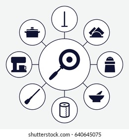 Kitchen icons set. set of 9 kitchen filled icons such as bowl, mop, paper towel, pepper, napkin, pan