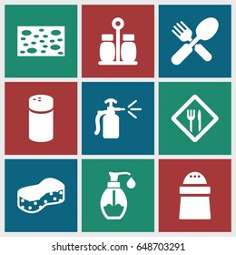 Kitchen icons set. set of 9 kitchen filled icons such as pepper, sponge, fork and spoon, spray bottle, soap