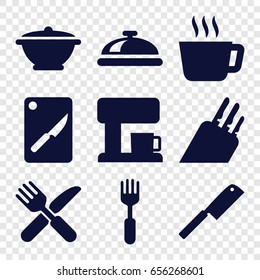 Kitchen icons set. set of 9 kitchen filled icons such as dish, fork and knife, fork, pan, chopping board and knife, coffee machine