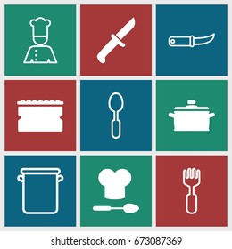 Kitchen icons set. set of 9 kitchen filled and outline icons such as sponge, chef hat and spoon, pan, knife, spoon, fork, gardening knife