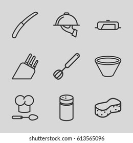 Kitchen icons set. set of 9 kitchen outline icons such as pan, pepper, sponge, gardening knife, dish serving, chef hat and spoon, corolla, bowl