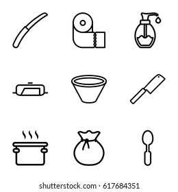 Kitchen icons set. set of 9 kitchen outline icons such as pan, paper towel, spoon, gardening knife, soap, bowl, butcher knife