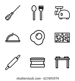 Kitchen icons set. set of 9 kitchen outline icons such as mop, sponge, dish, dough pin, meat grinder, egg, table with plates and pan