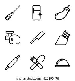 Kitchen icons set. set of 9 kitchen outline icons such as eggplant, mop, clean fridge, fork and spoon, dish, dough pin, butcher knife, meat grinder