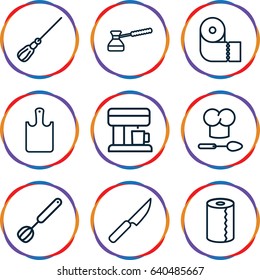Kitchen icons set. set of 9 kitchen outline icons such as mop, paper towel, chef hat and spoon, corolla, chopping board, knife, turk