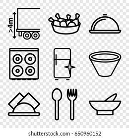 Kitchen icons set. set of 9 kitchen outline icons such as bowl, cooker, clean fridge, chicken leg, cargo height, dish, napkin