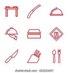 Kitchen icons set. set of 9 kitchen outline icons such as sponge, gardening knife, dish, restaurant, dish serving, knife, table with plates and pan
