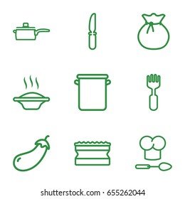 Kitchen icons set. set of 9 kitchen outline icons such as eggplant, sponge, knife, fork, chef hat and spoon, pan, sack