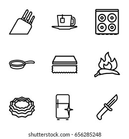 Kitchen icons set. set of 9 kitchen outline icons such as chili, sponge, cooker, clean fridge, tea, pan