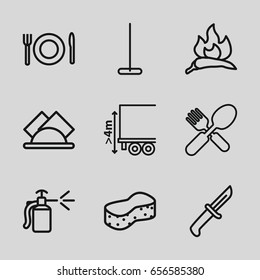 Kitchen icons set. set of 9 kitchen outline icons such as chili, mop, sponge, fork and spoon, spray bottle, cargo height, napkin, plate fork and spoon