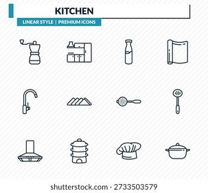 conjunto de ícones de cozinha - moedor de café, armário de cozinha, leite, skimmer, panela esboço vetor coleção.