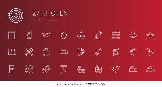 kitchen icons set. Collection of kitchen with chicken, tandoor, bbq grill, iron table, sponge, fridge, fish food, healthy food, food and restaurant. Editable and scalable kitchen icons.