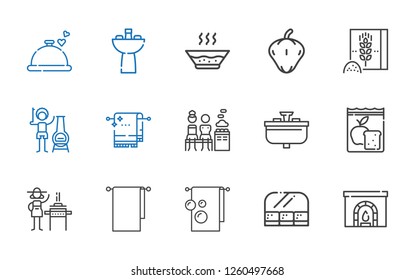 kitchen icons set. Collection of kitchen with chimney, food and restaurant, towel, towels, burner, meal, sink, mixed, wheat flour, pepper. Editable and scalable kitchen icons.