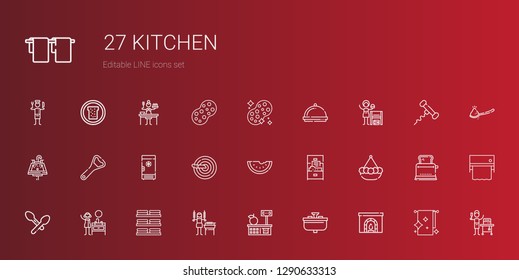 kitchen icons set. Collection of kitchen with chimney, sink, tools and utensils, shashlik, dishes, spoon, pot, cabinet, watermelon, knife. Editable and scalable kitchen icons.