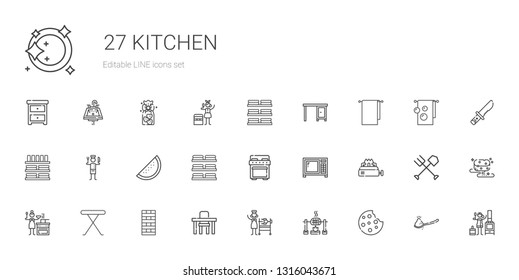 kitchen icons set. Collection of kitchen with cookie, roast, rotisserie, table, chimney, iron table, sauce, stove, microwave, towels, watermelon. Editable and scalable kitchen icons.