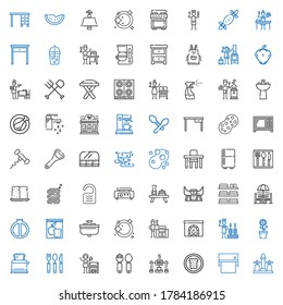 kitchen icons set. Collection of kitchen with faucet, towel, bread, roast, cutlery, homemade, toaster, pot, churrasco, chimney, bbq grill. Editable and scalable kitchen icons.