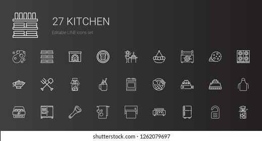 kitchen icons set. Collection of kitchen with fridge, crepe maker, towel, bottle opener, cabinet, stove, food, oven, smoothie, cookies, fork. Editable and scalable kitchen icons.