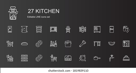 conjunto de iconos de cocina. Colección de cocina con pan, plato, comida y restaurante, asados, esponja, platos, salsa, mesa, abrebotellas, olla. Iconos de cocina editables y escalables.