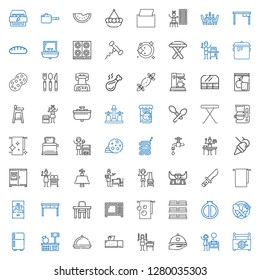 kitchen icons set. Collection of kitchen with sewing box, sink, dinner, shashlik, tissue box, tools and utensils, fridge, food, watermelon. Editable and scalable kitchen icons.