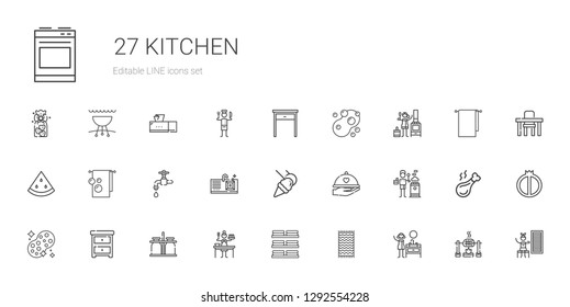 kitchen icons set. Collection of kitchen with sink, towel, dishes, sauce, milk jar, nightstand, sponge, stove, dinner, food and restaurant. Editable and scalable kitchen icons.