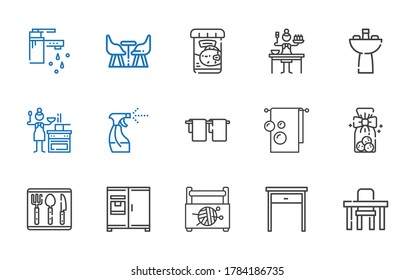 kitchen icons set. Collection of kitchen with table, sewing box, fridge, cutlery, cookies, towel, tools and utensils, sauce, sink, fish food. Editable and scalable kitchen icons.