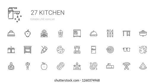 kitchen icons set. Collection of kitchen with tissue box, sponge, sink, healthy food, chef, apron, knife, fridge, waffle iron, cookie, food and restaurant. Editable and scalable kitchen icons.