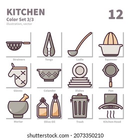 Juego de iconos de cocina, conjunto de colores, vectores e ilustraciones 3