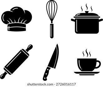 conjunto de iconos de cocina, cocina cocina cocina chef herramientas iconos Ilustración vectorial monocromo, cocina cocina Iconos de cocina