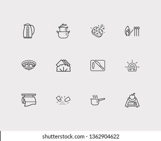 Kitchen icons set. Cutting board and kitchen icons with matches, double boiler and timer. Set of plumbing for web app logo UI design.