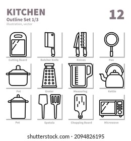 Kitchen icons set, Detailed Outline, vector and illustration set 1