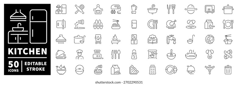 Kitchen icons set. editable line icons, outline, cooking and culinary symbols