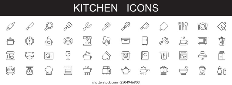  Kitchen icons set. editable stroke line on white background vector illustration cooking, home appliances, pots, knife, and more