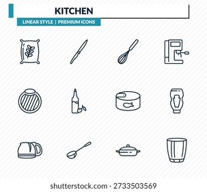 Conjunto de iconos de cocina: harina, cuchillo de carne, batidor, salsas, colección de Vector de contorno de vidrio.