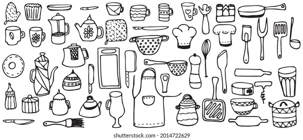 Kitchen icons set. Hand drawn line kitchen tools and cooking appliances, utensils. Doodle style. Large set.