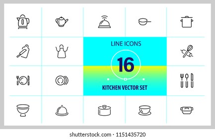 Kitchen icons. Set of  line icons. Kettle, portion, cutlery. Utensils concept. Vector illustration can be used for topics like cooking, housework