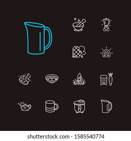 Kitchen icons set. Mug and kitchen icons with mortar with pestle, blender and grater. Set of plumbing for web app logo UI design.